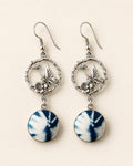 Silver-Tone Floral Earrings with Fengxiang-Dyed Textile Drops