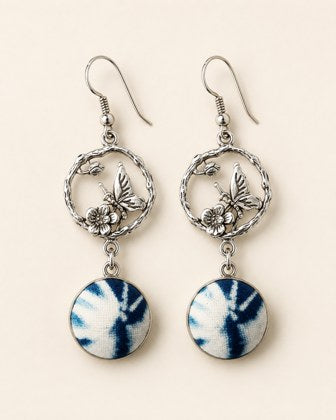 Silver-Tone Floral Earrings with Fengxiang-Dyed Textile Drops