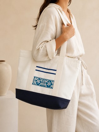 Canvas Tote Bag with Blue Fengxiang Border Detail
