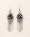 Teardrop Tassel Earrings with Blue Fengxiang Pattern Detail