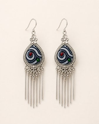 Teardrop Tassel Earrings with Blue Fengxiang Pattern Detail