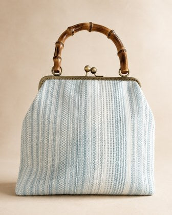 Light Blue Striped Clasp Handbag with Bamboo Handle