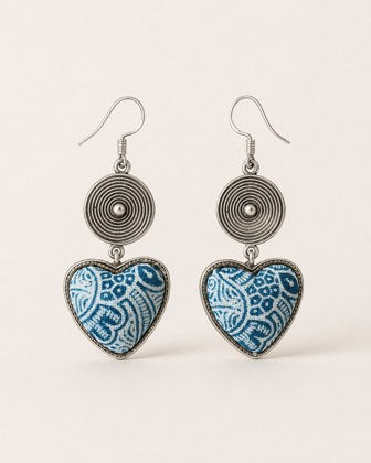 Heart Drop Earrings with Blue Fengxiang Textile Inlay