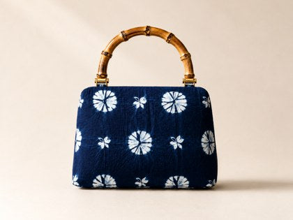 Blue Fengxiang-Dyed Clasp Handbag with Bamboo Handle
