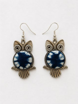Owl Earrings with Indigo Fengxiang-Dyed Textile Center