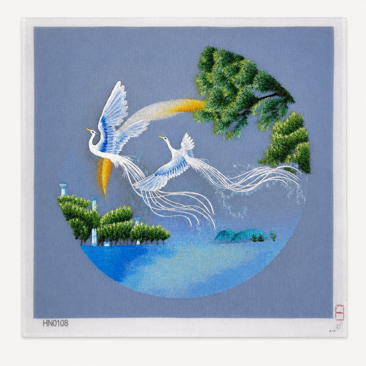 Blue Crane & Pine Embroidery Wall Art HN0108 - Yuanix embroidery product