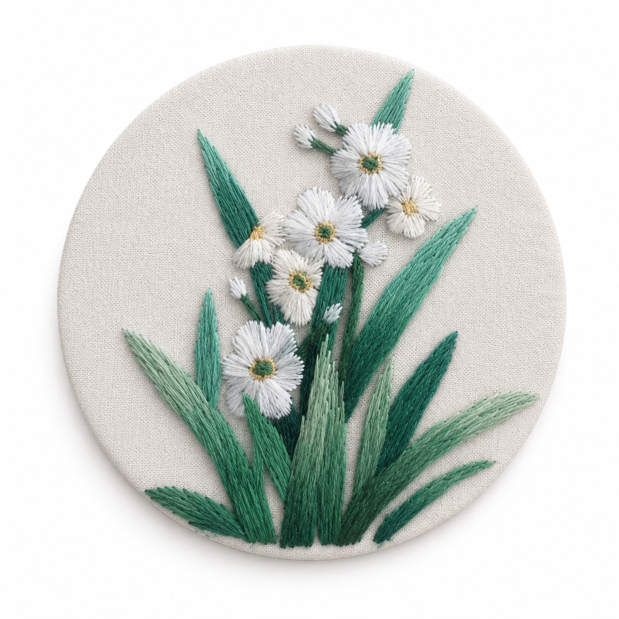 White Daisy Bouquet Round Embroidery Wall Art - Yuanix embroidery product