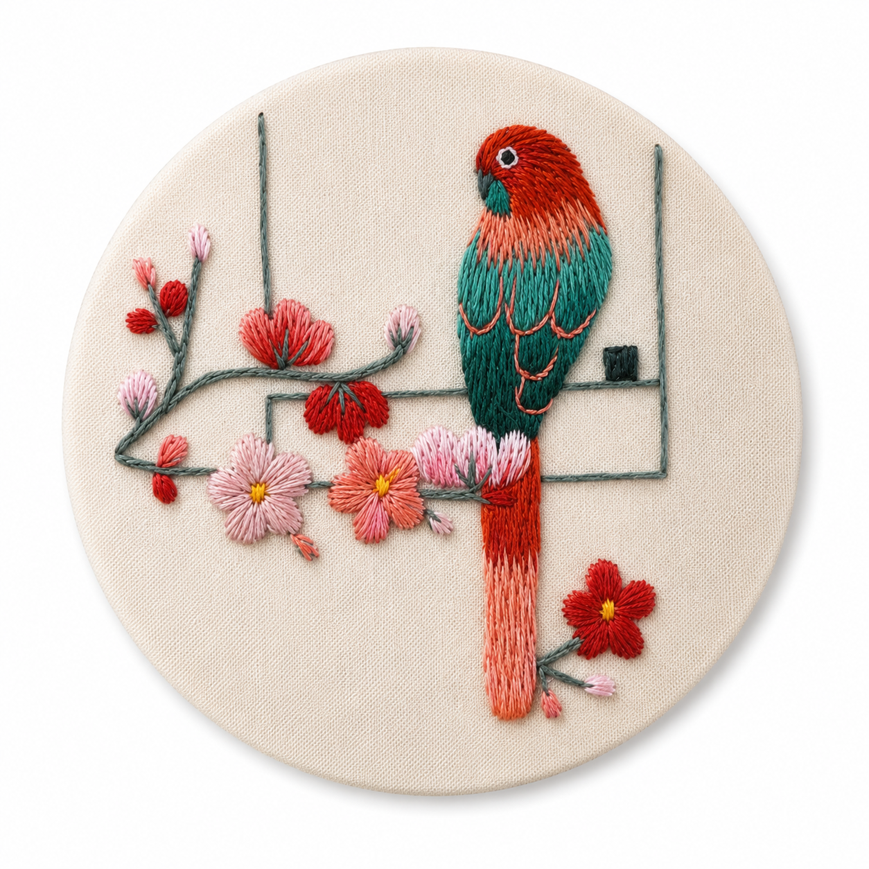 Red Bird & Plum Blossom Round Embroidery Wall Art - Yuanix embroidery product