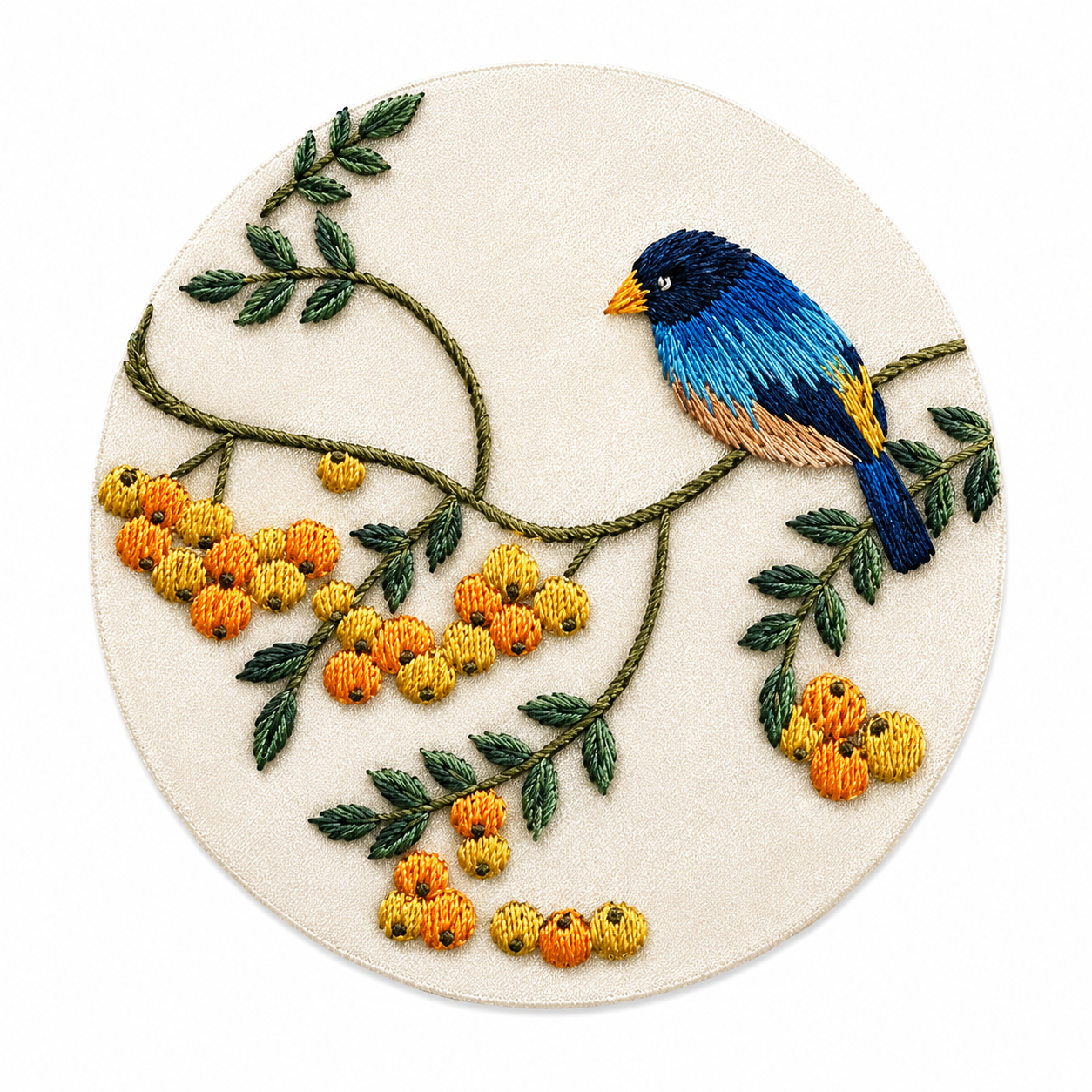 Blue Bird & Berries Round Embroidery Wall Art - Yuanix embroidery product